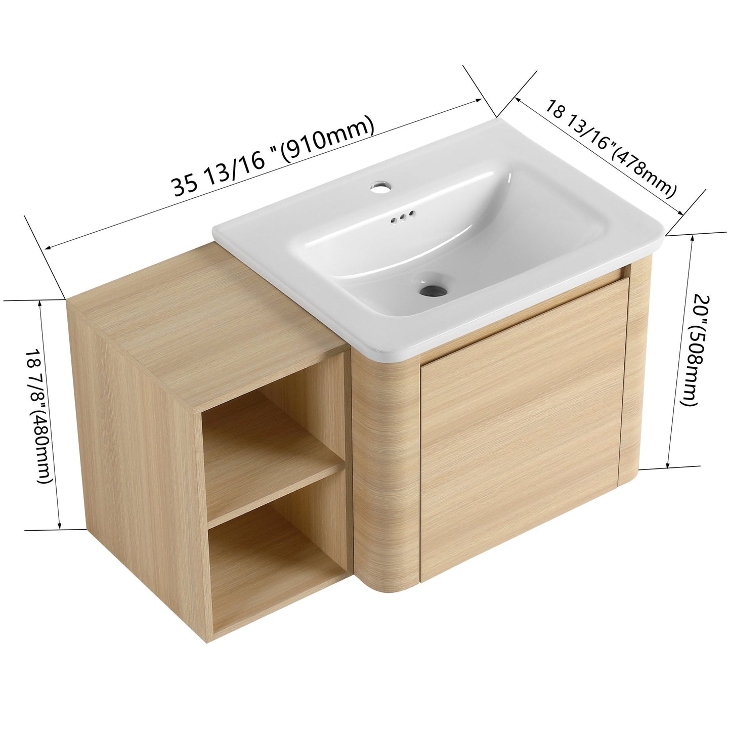 36'' Wall - Mounted Bathroom Vanity with White Ceramic Sink and Storage Shelves & 1 - Soft - Close Door, KD - Packing, Plywood, American White Oak - 1st Choice Furniture Direct