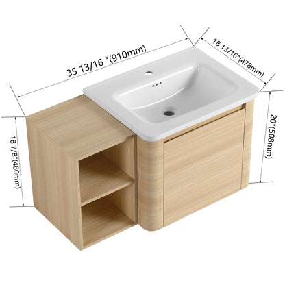 36'' Wall - Mounted Bathroom Vanity with White Ceramic Sink and Storage Shelves & 1 - Soft - Close Door, KD - Packing, Plywood, American White Oak - 1st Choice Furniture Direct
