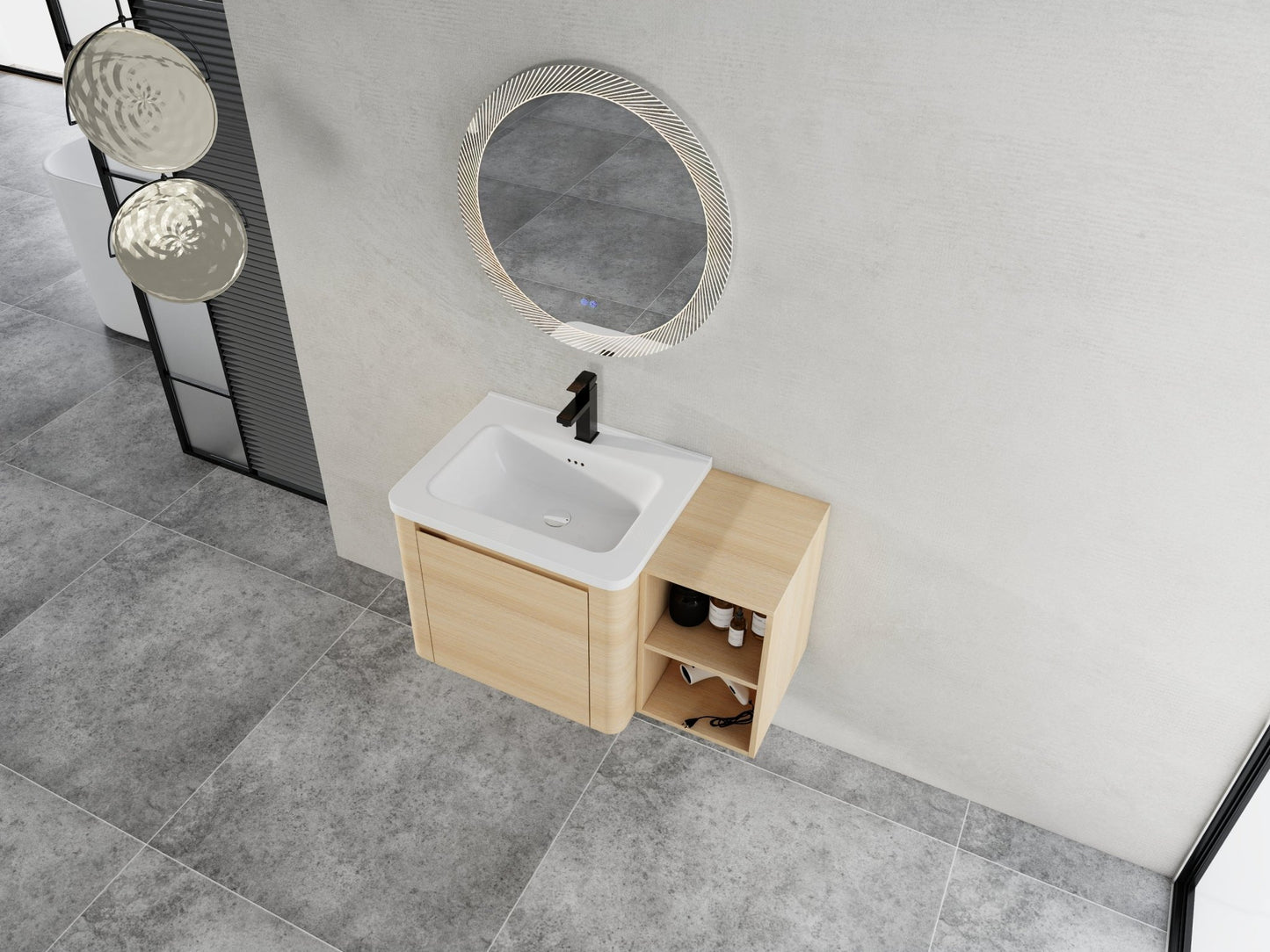36'' Wall - Mounted Bathroom Vanity with White Ceramic Sink and Storage Shelves & 1 - Soft - Close Door, KD - Packing, Plywood, American White Oak - 1st Choice Furniture Direct