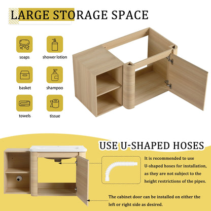 36'' Wall - Mounted Bathroom Vanity with White Ceramic Sink and Storage Shelves & 1 - Soft - Close Door, KD - Packing, Plywood, American White Oak - 1st Choice Furniture Direct