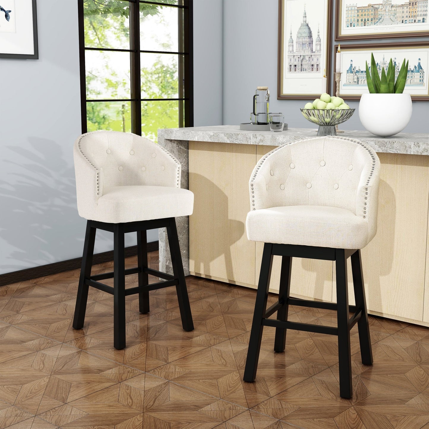 360 Degree Swivel Bar Stool with Stunning Nailhead Trim, Set of 2, Beige - 1st Choice Furniture Direct