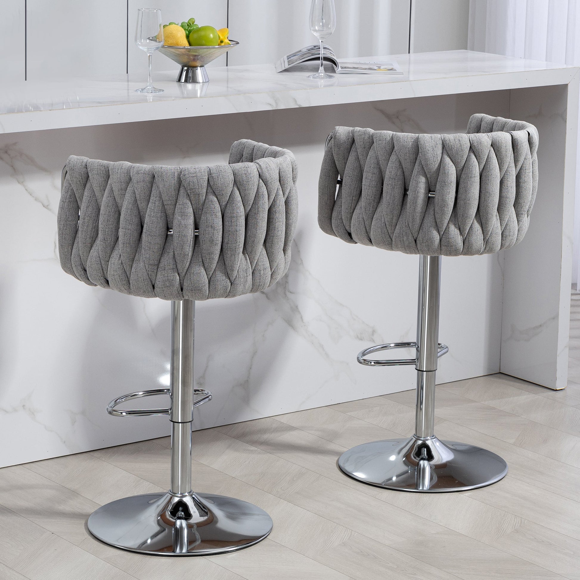360° Fabric Cover Swivel Bar Stools Set of 2 Adjustable Counter Height with Woven Back & Footrest Silver Chromed for Kitchen Island Gray - 1st Choice Furniture Direct
