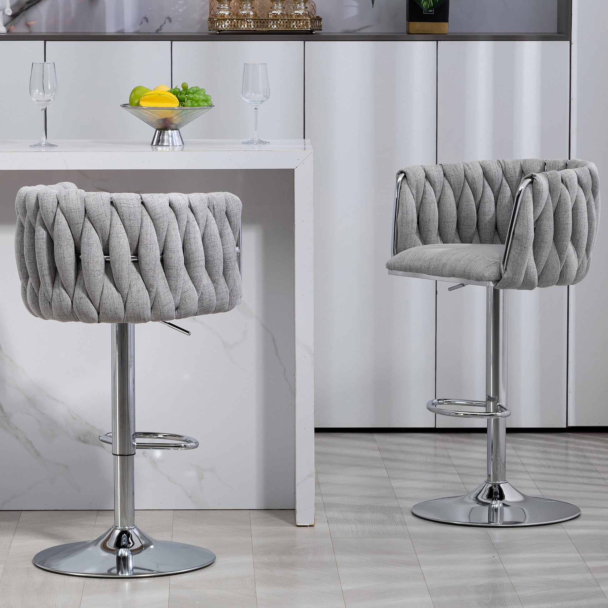 360° Fabric Cover Swivel Bar Stools Set of 2 Adjustable Counter Height with Woven Back & Footrest Silver Chromed for Kitchen Island Gray - 1st Choice Furniture Direct