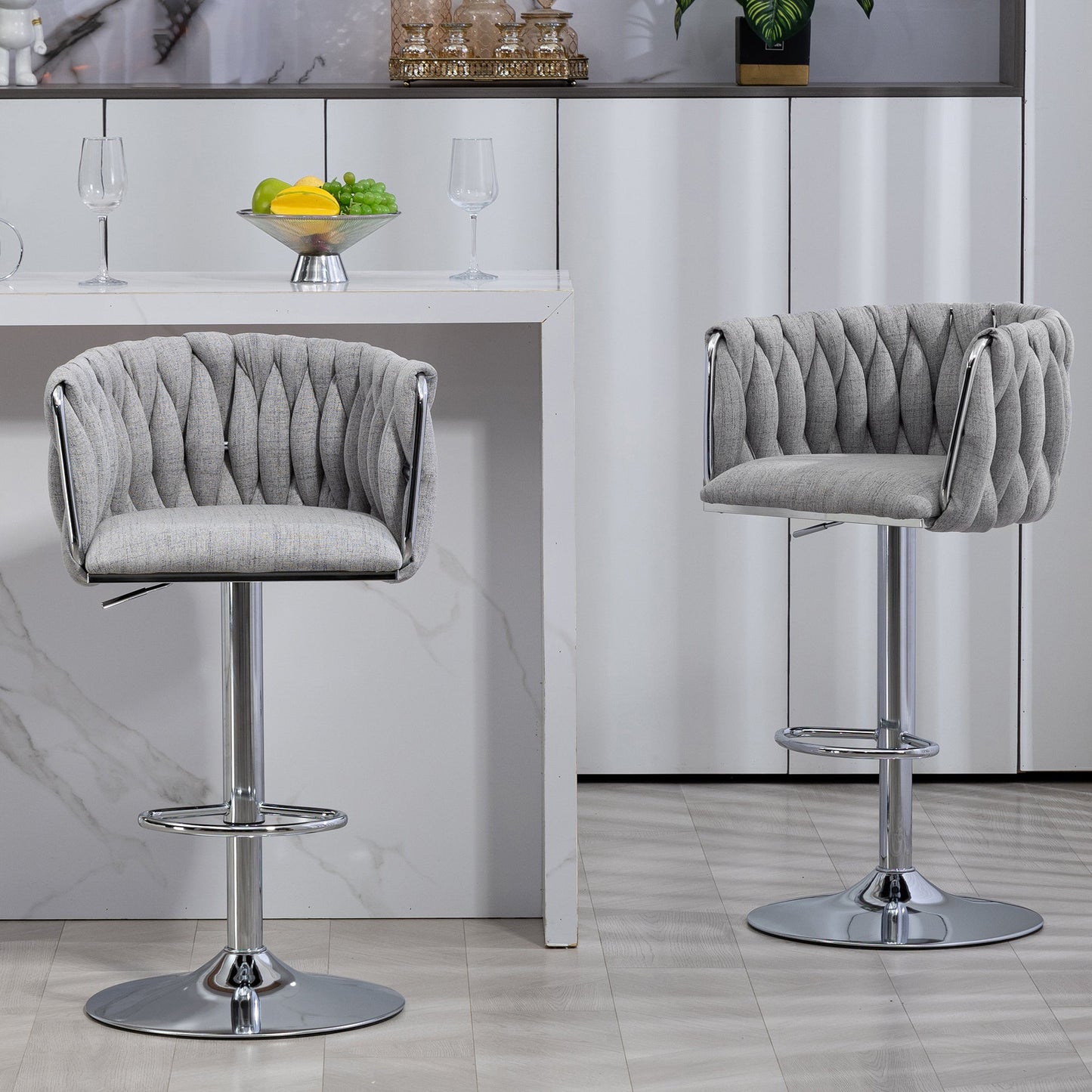 360° Fabric Cover Swivel Bar Stools Set of 2 Adjustable Counter Height with Woven Back & Footrest Silver Chromed for Kitchen Island Gray - 1st Choice Furniture Direct