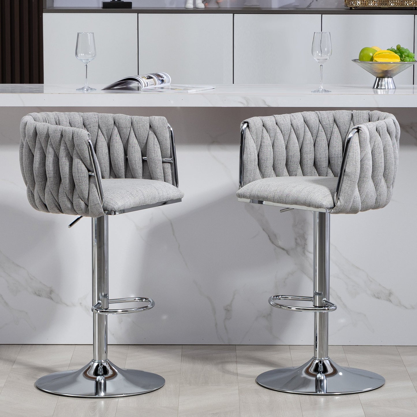 360° Fabric Cover Swivel Bar Stools Set of 2 Adjustable Counter Height with Woven Back & Footrest Silver Chromed for Kitchen Island Gray - 1st Choice Furniture Direct
