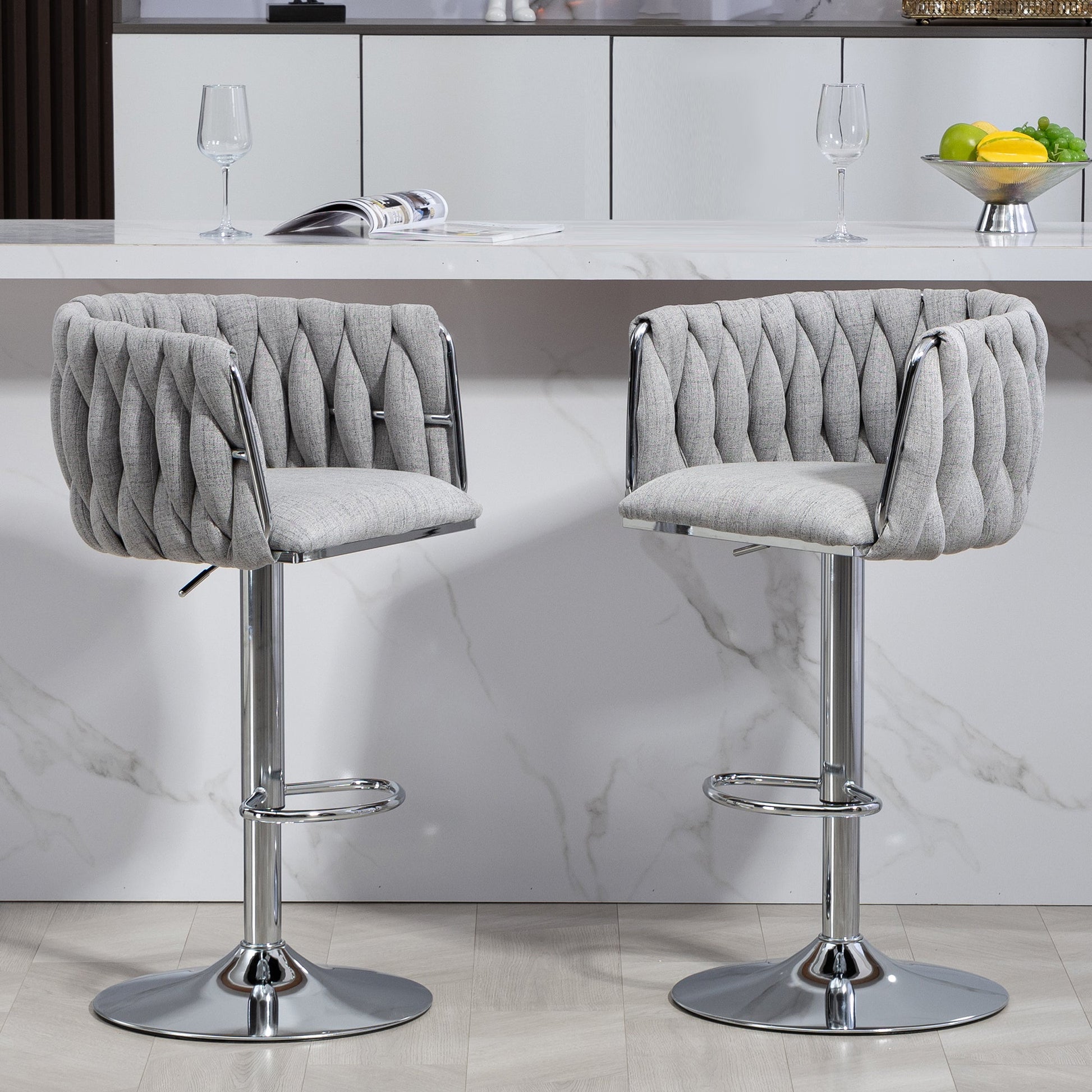 360° Fabric Cover Swivel Bar Stools Set of 2 Adjustable Counter Height with Woven Back & Footrest Silver Chromed for Kitchen Island Gray - 1st Choice Furniture Direct