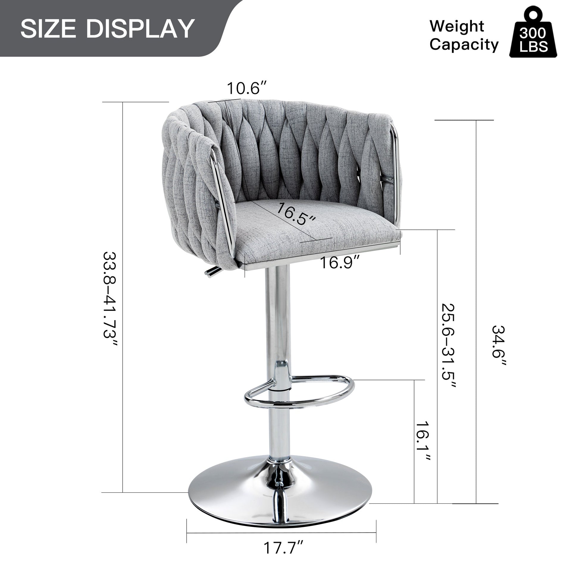 360° Fabric Cover Swivel Bar Stools Set of 2 Adjustable Counter Height with Woven Back & Footrest Silver Chromed for Kitchen Island Gray - 1st Choice Furniture Direct