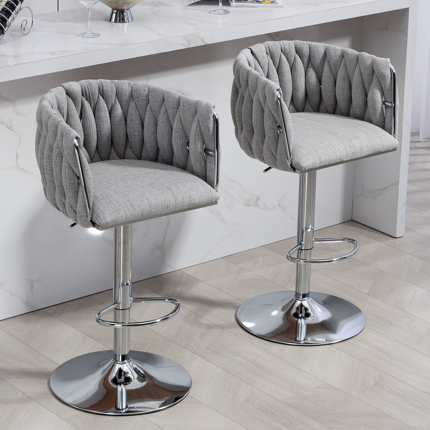 360° Fabric Cover Swivel Bar Stools Set of 2 Adjustable Counter Height with Woven Back & Footrest Silver Chromed for Kitchen Island Gray - 1st Choice Furniture Direct