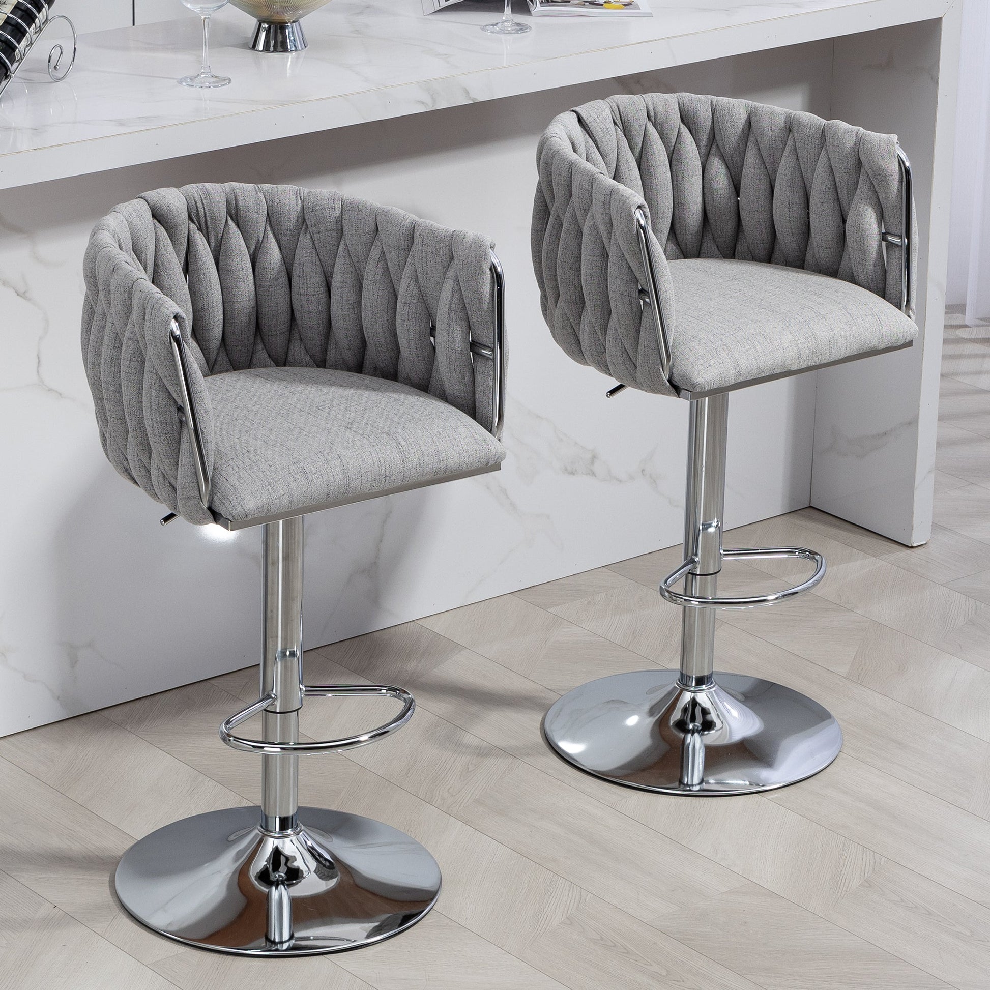 360° Fabric Cover Swivel Bar Stools Set of 2 Adjustable Counter Height with Woven Back & Footrest Silver Chromed for Kitchen Island Gray - 1st Choice Furniture Direct