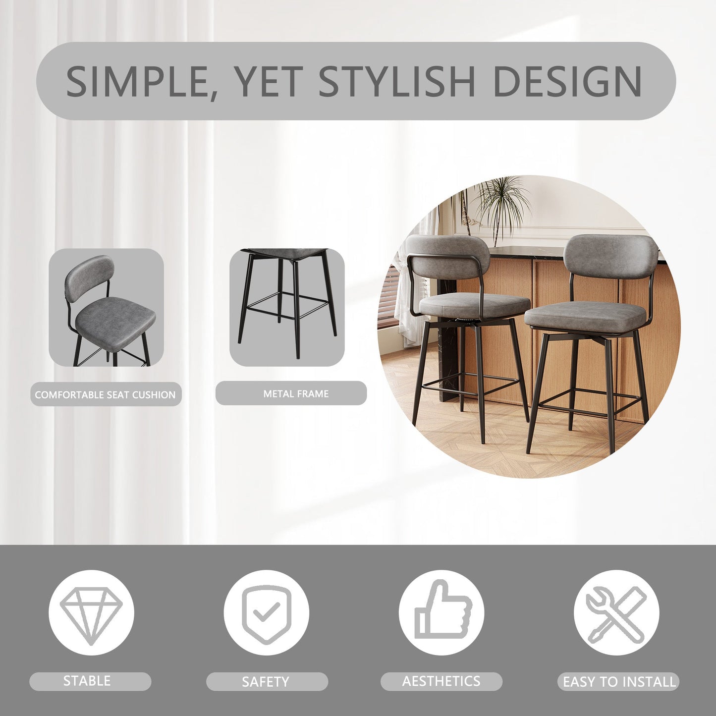 360 ° Rotating Bar Chair Bar Stool bar stools set of 2 piece set with leather cushions and iron brackets, suitable for various places such as home kitchens, restaurants, offices, etc. - 1st Choice Furniture Direct