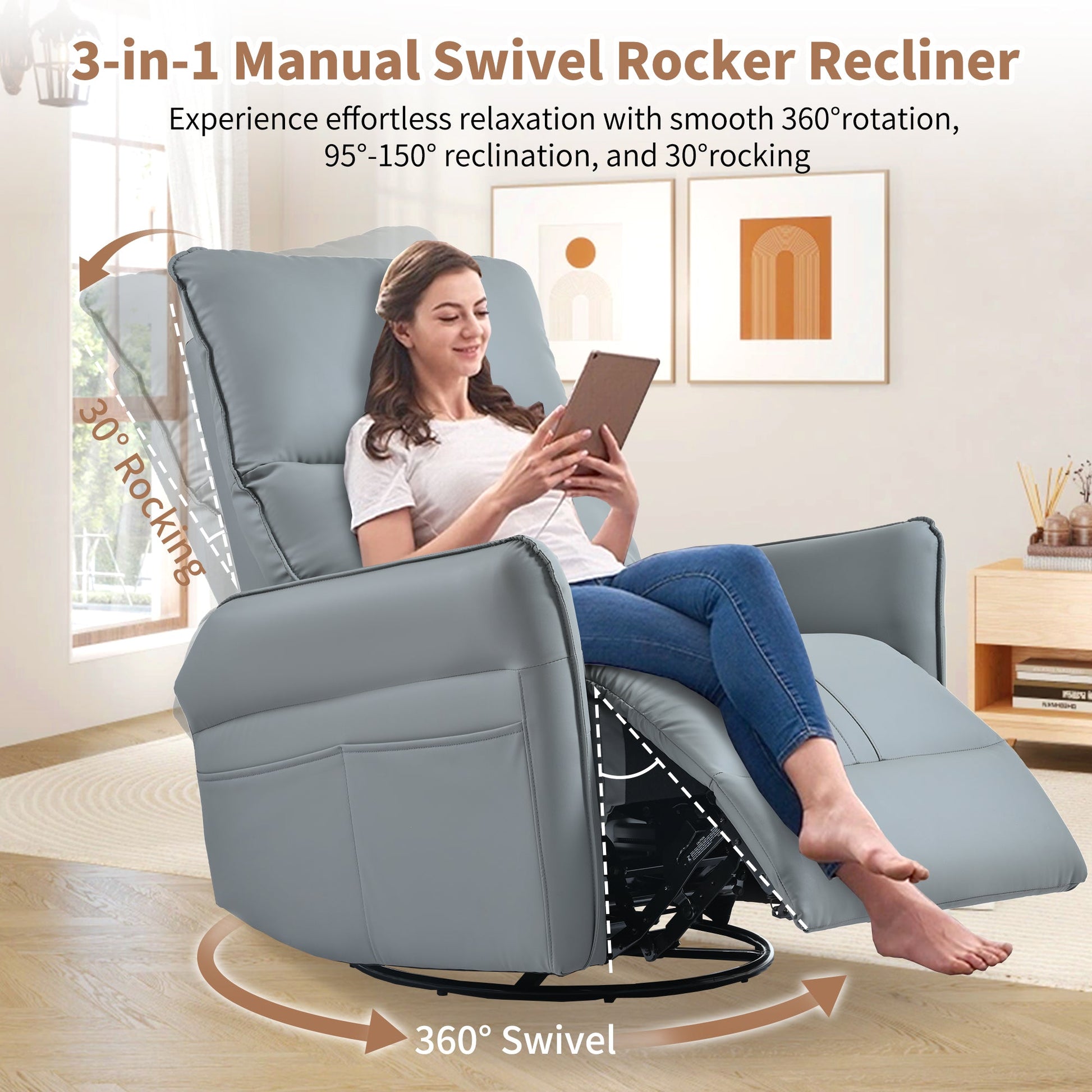 360° Swivel Rocker Recliner Chair,Swivel Nursery Rocking Chair w/Pull Ring,Glider Chair,Modern Rocking Swivel Recliner Chair for Bedroom,Living Room Chair Home Theater Seating(Blue - Gray+360°Swivel ) - 1st Choice Furniture Direct