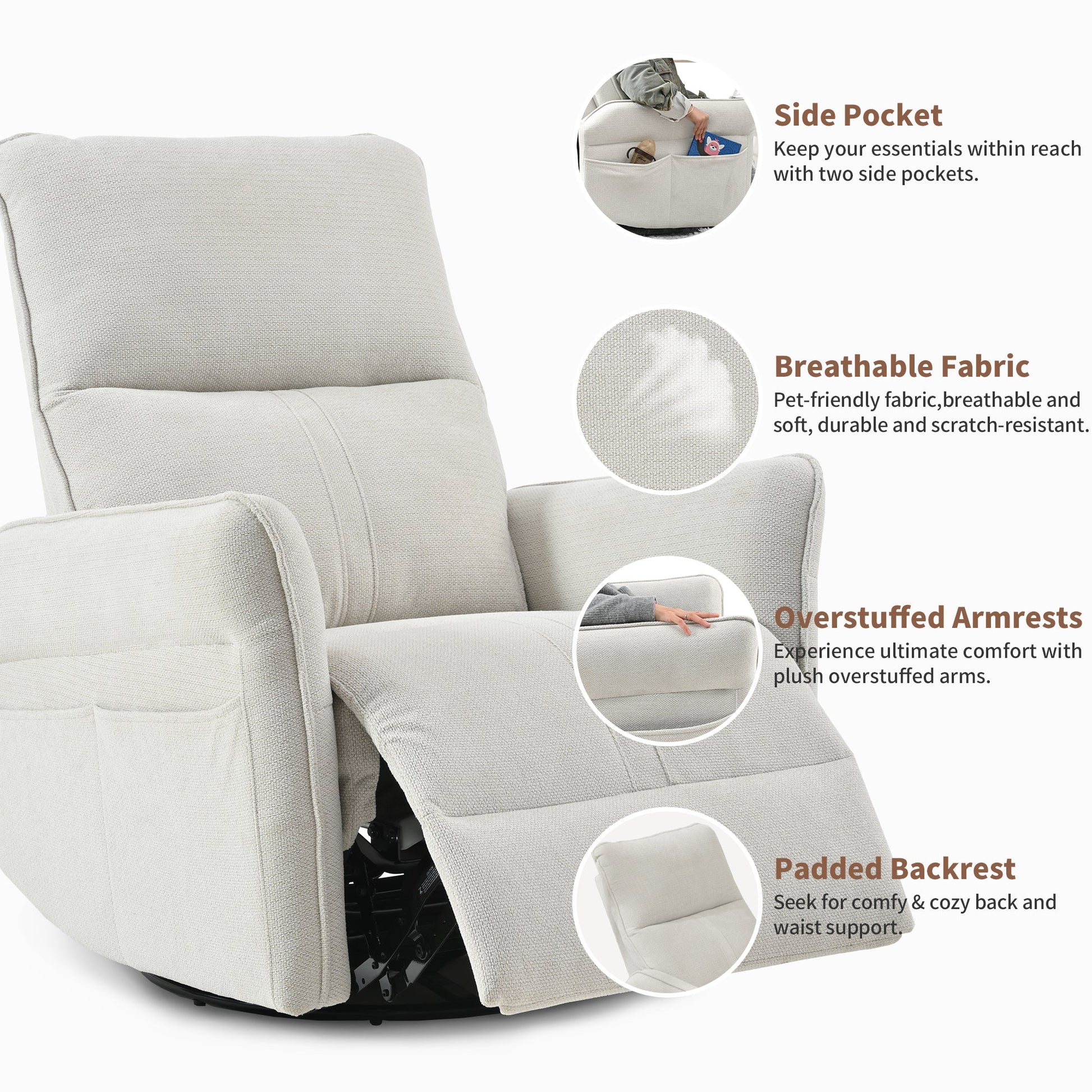 360° Swivel Rocker Recliner Chair,Swivel Nursery Rocking Chair w/Pull Ring,Glider Chair,Modern Rocking Swivel Recliner Chair for Bedroom,Living Room Chair Home Theater Seating(Fabric Gray+360°Swivel ) - 1st Choice Furniture Direct