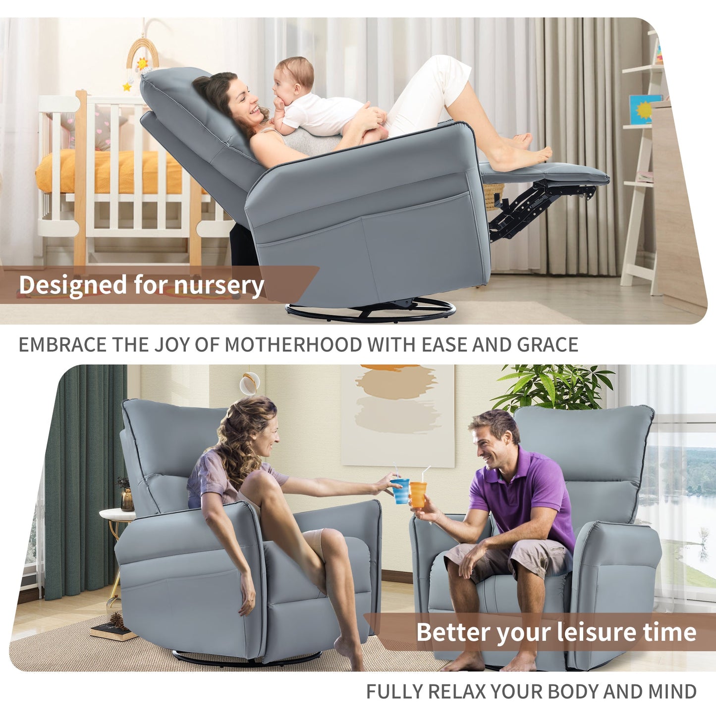 360° Swivel Rocker Recliner Chair,Swivel Nursery Rocking Chair w/Pull Ring,Glider Chair,Modern Rocking Swivel Recliner Chair for Bedroom,Living Room Chair Home Theater Seating(Blue - Gray+360°Swivel ) - 1st Choice Furniture Direct