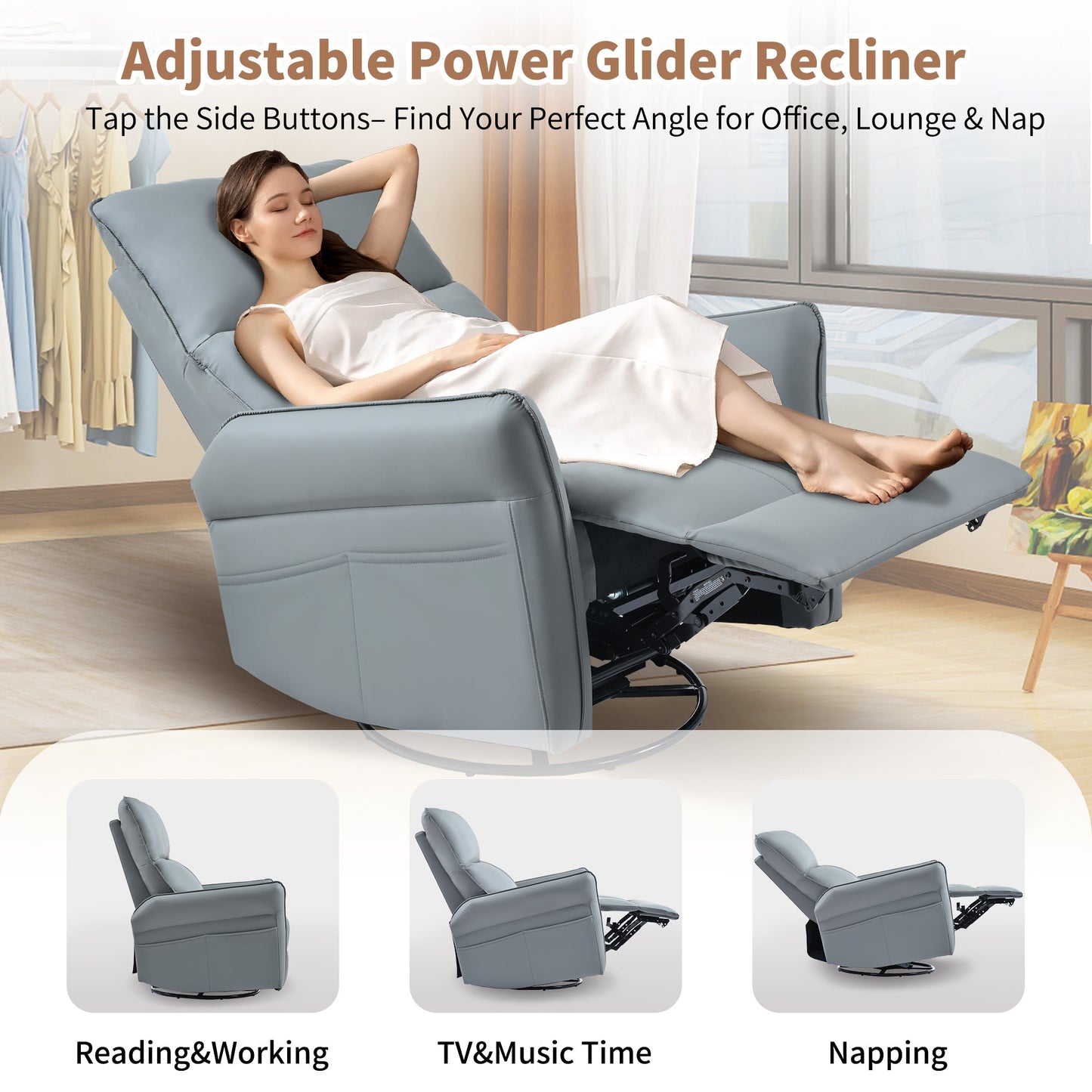 360° Swivel Rocker Recliner Chair,Swivel Nursery Rocking Chair w/Pull Ring,Glider Chair,Modern Rocking Swivel Recliner Chair for Bedroom,Living Room Chair Home Theater Seating(Blue - Gray+360°Swivel ) - 1st Choice Furniture Direct