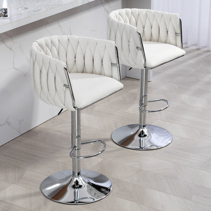 360° Fabric cover Swivel Bar Stools Set of 2, Adjustable Counter Height Bar Chairs with Woven Back & Footrest,Silver chromed Bar Stools for Kitchen Island, Cafe, Pub (Beige) - 1st Choice Furniture Direct