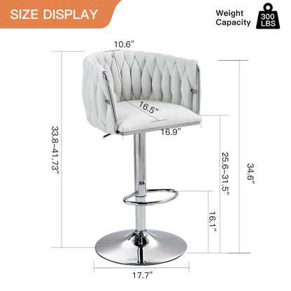 360° Fabric cover Swivel Bar Stools Set of 2, Adjustable Counter Height Bar Chairs with Woven Back & Footrest,Silver chromed Bar Stools for Kitchen Island, Cafe, Pub (Beige) - 1st Choice Furniture Direct