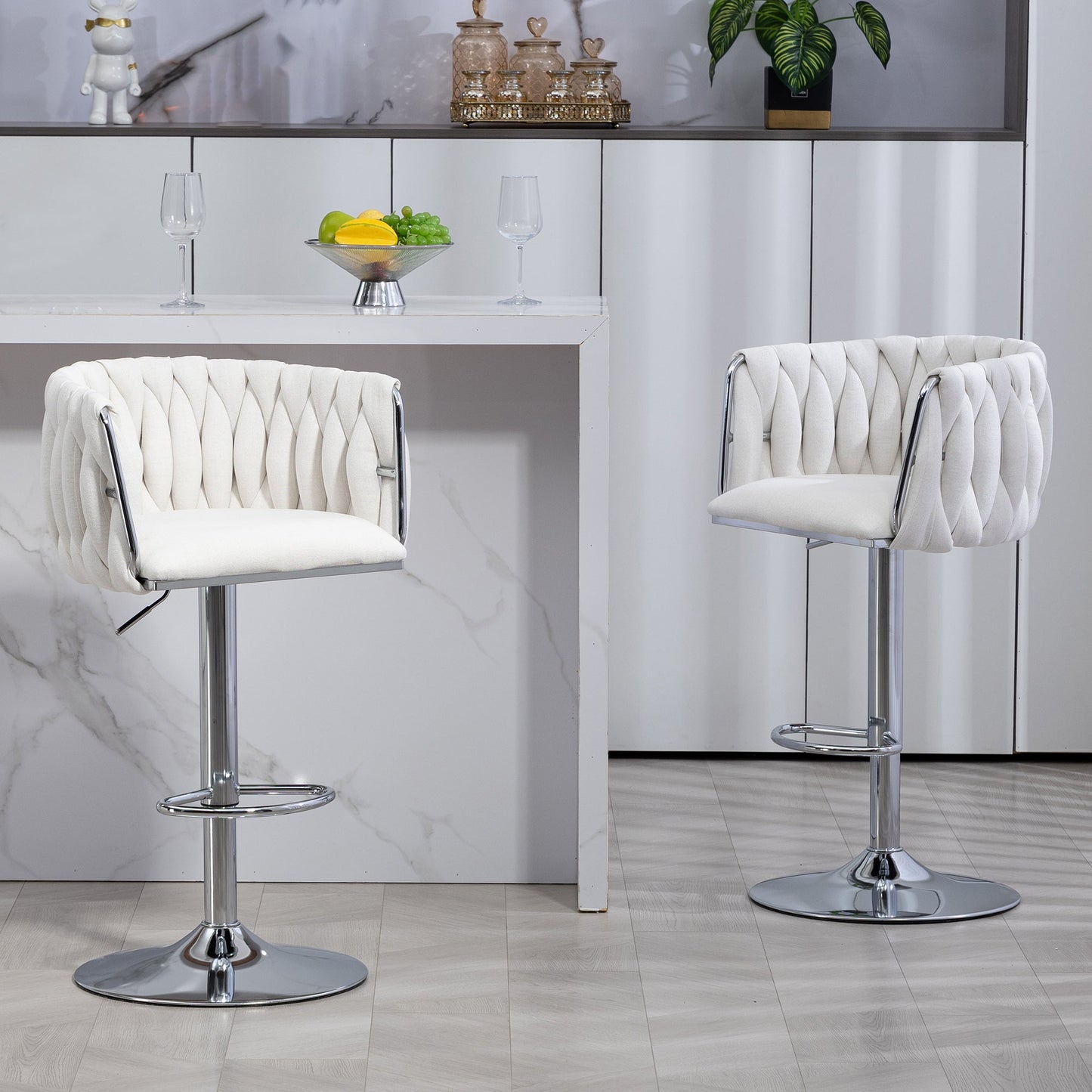 360° Fabric cover Swivel Bar Stools Set of 2, Adjustable Counter Height Bar Chairs with Woven Back & Footrest,Silver chromed Bar Stools for Kitchen Island, Cafe, Pub (Beige) - 1st Choice Furniture Direct