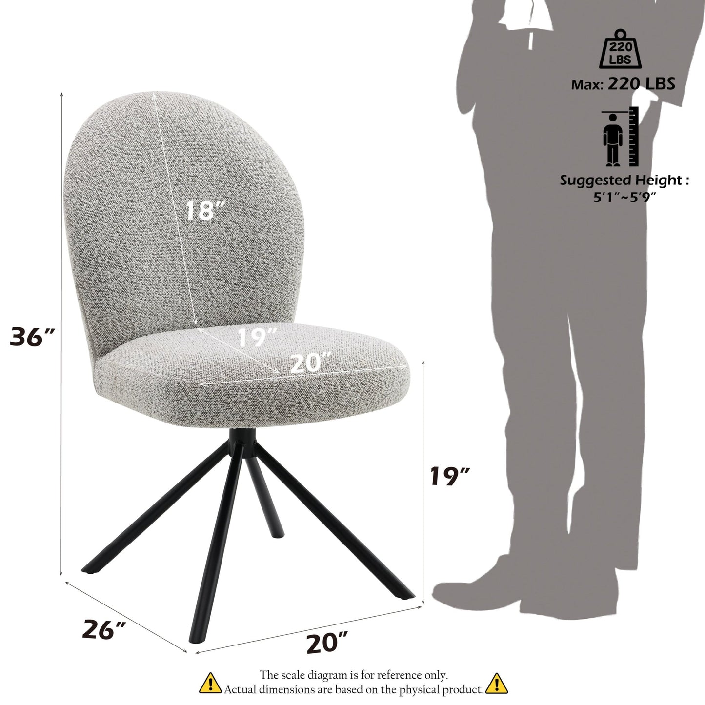 36.60'W Gray Boucle & Black Finish Side Chair w/Swivel (Set-2) - 1st Choice Furniture Direct
