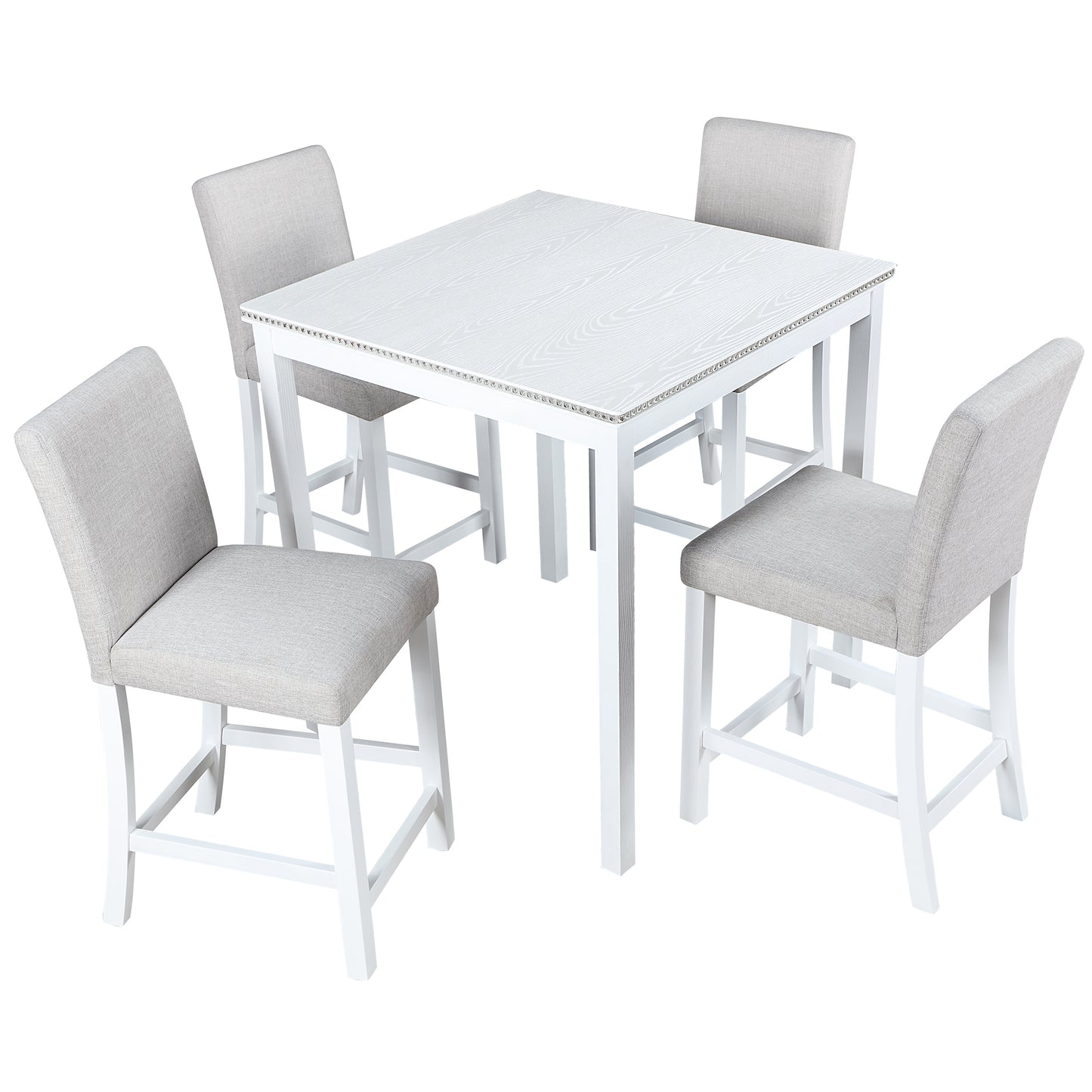 5 Piece Counter Height Table Set, Wooden Kitchen Table Set with Square Table and 4 Upholstered Chairs, Counter Height Dining Table with Crystal Decoration and Chair Set for Kitchen, Dining Room, White