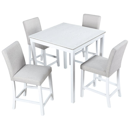 5 Piece Counter Height Table Set, Wooden Kitchen Table Set with Square Table and 4 Upholstered Chairs, Counter Height Dining Table with Crystal Decoration and Chair Set for Kitchen, Dining Room, White