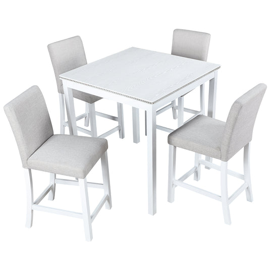 5 Piece Counter Height Table Set, Wooden Kitchen Table Set with Square Table and 4 Upholstered Chairs, Counter Height Dining Table with Crystal Decoration and Chair Set for Kitchen, Dining Room, White