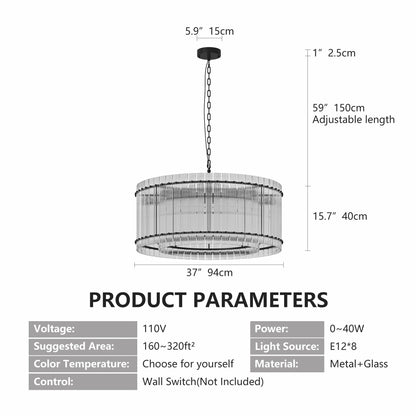 37' Modern Black Round Chandelier,2 - Tier 8 - Light Water Ripple Crystal Glass Chandeliers,for Dining Room,Living Room,Bedroom,High Ceiling,Foyer Entryway,Luxury Chandelier - 1st Choice Furniture Direct