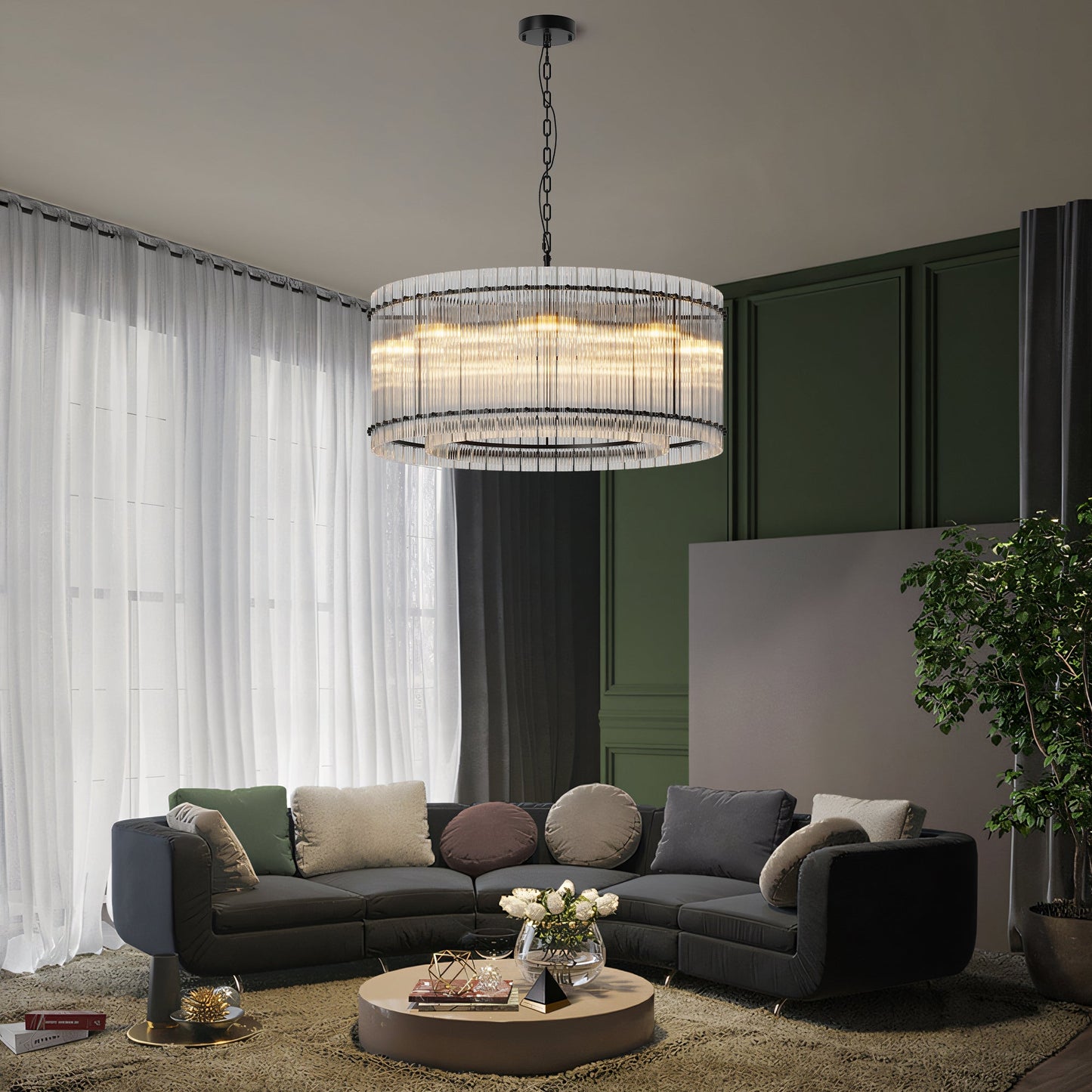 37' Modern Black Round Chandelier,2 - Tier 8 - Light Water Ripple Crystal Glass Chandeliers,for Dining Room,Living Room,Bedroom,High Ceiling,Foyer Entryway,Luxury Chandelier - 1st Choice Furniture Direct