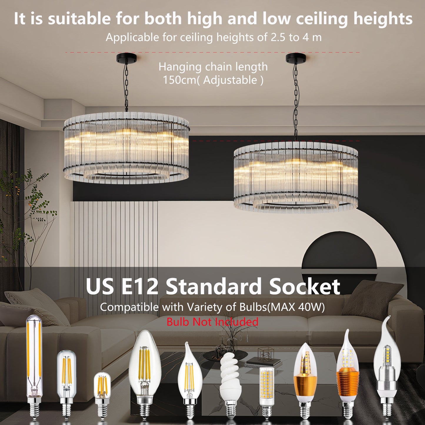 37' Modern Black Round Chandelier,2 - Tier 8 - Light Water Ripple Crystal Glass Chandeliers,for Dining Room,Living Room,Bedroom,High Ceiling,Foyer Entryway,Luxury Chandelier - 1st Choice Furniture Direct