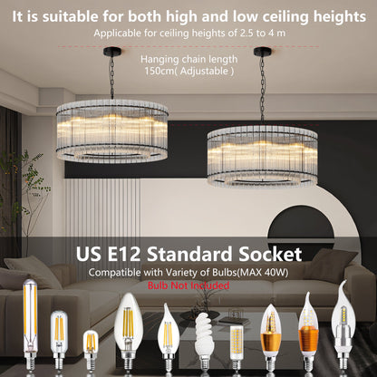 37' Modern Black Round Chandelier,2 - Tier 8 - Light Water Ripple Crystal Glass Chandeliers,for Dining Room,Living Room,Bedroom,High Ceiling,Foyer Entryway,Luxury Chandelier - 1st Choice Furniture Direct