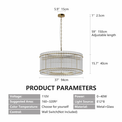 37' Modern Gold Round Chandelier,2 - Tier 8 - Light Water Ripple Crystal Glass Chandeliers,for Dining Room,Living Room,Bedroom,High Ceiling,Foyer Entryway,Luxury Chandelier - 1st Choice Furniture Direct