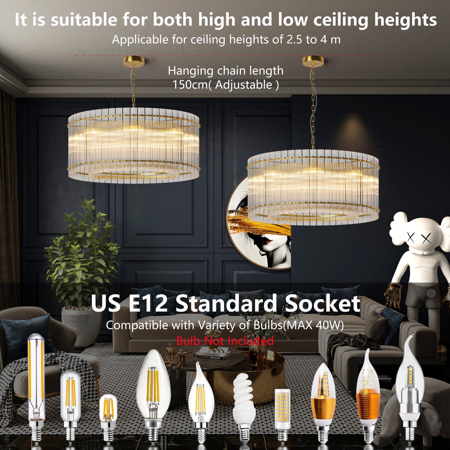 37' Modern Gold Round Chandelier,2 - Tier 8 - Light Water Ripple Crystal Glass Chandeliers,for Dining Room,Living Room,Bedroom,High Ceiling,Foyer Entryway,Luxury Chandelier - 1st Choice Furniture Direct