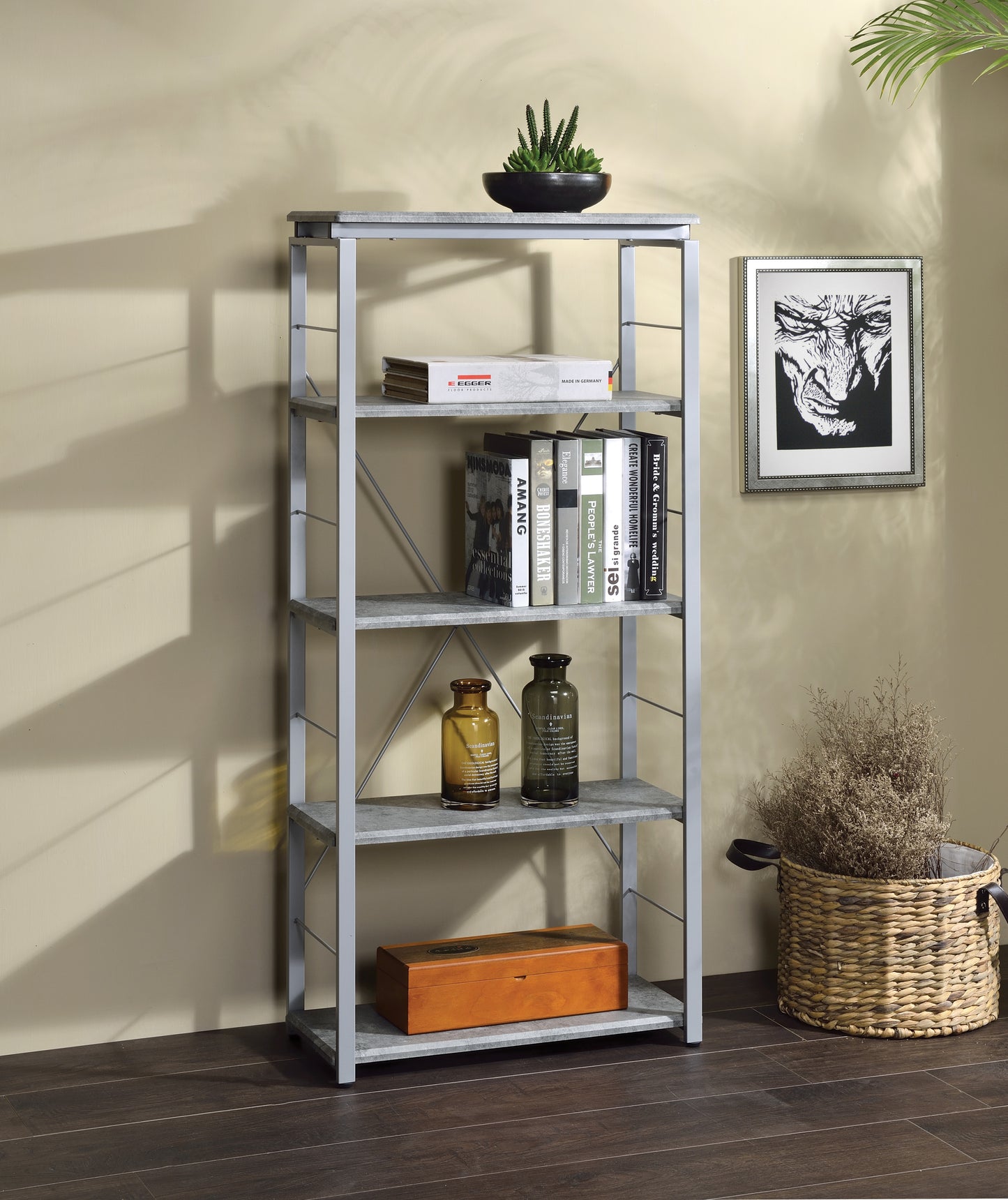 Industrial Gray Etagere Bookshelf with Faux Concrete Shelves