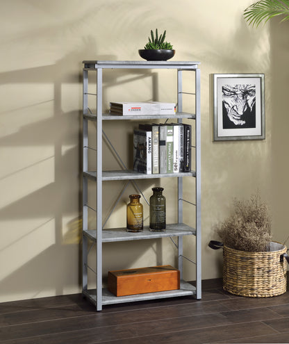 Industrial Gray Etagere Bookshelf with Faux Concrete Shelves