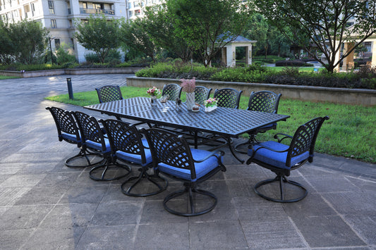 Rectangular 10 - Person 126.38' Long Dining Set with Navy Blue Cushions