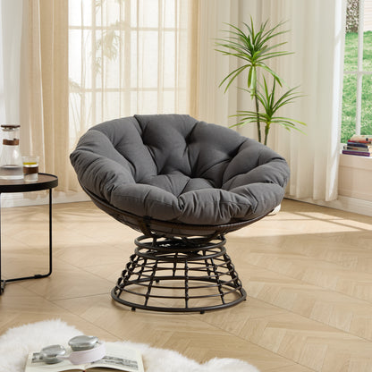 Comfortable Ergonomic Wicker Papasan Chair, 360° Swivel Indoor Outdoor Rattan Chair with Soft Thick Cushion, Ideal for Living Room, Bedroom, Reading Room, Brown Frame with Grey Cushion