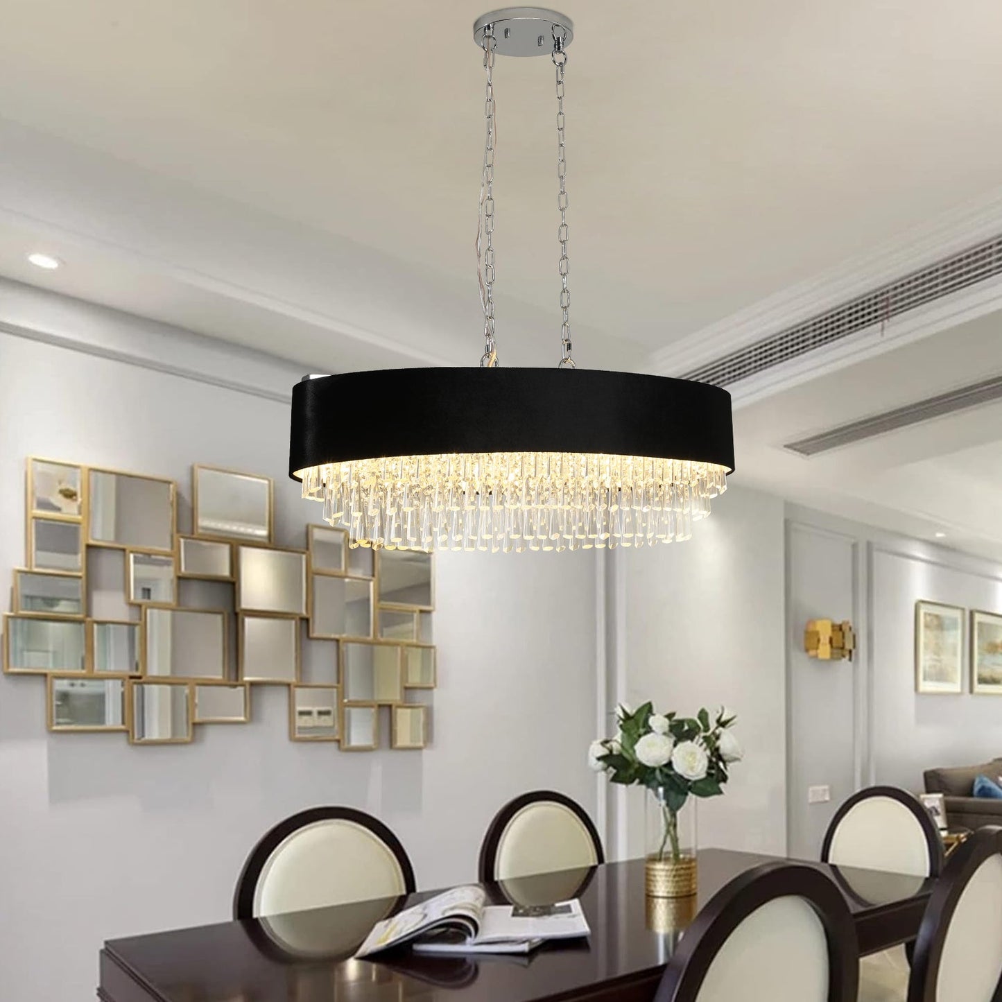 39' Modern Crystal Chandelier with Black Imitation Velvet Anti - Glare Shade, Adjustable Height, 8 - Light G9 Base for Dining Room, Living Room, or Bedroom (Bulb Not Included) - 1st Choice Furniture Direct