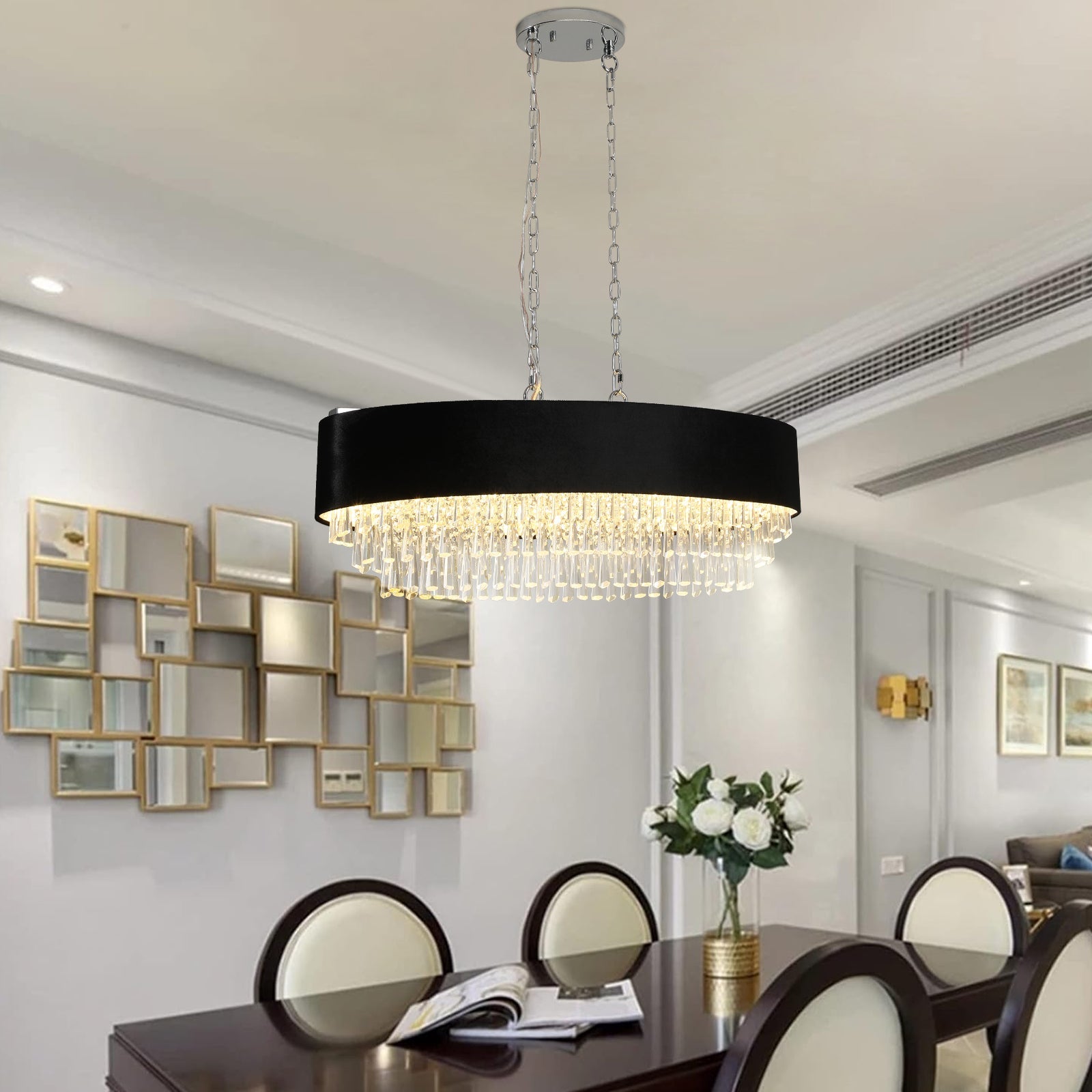 39' Modern Crystal Chandelier with Black Imitation Velvet Anti - Glare Shade, Adjustable Height, 8 - Light G9 Base for Dining Room, Living Room, or Bedroom (Bulb Not Included) - 1st Choice Furniture Direct