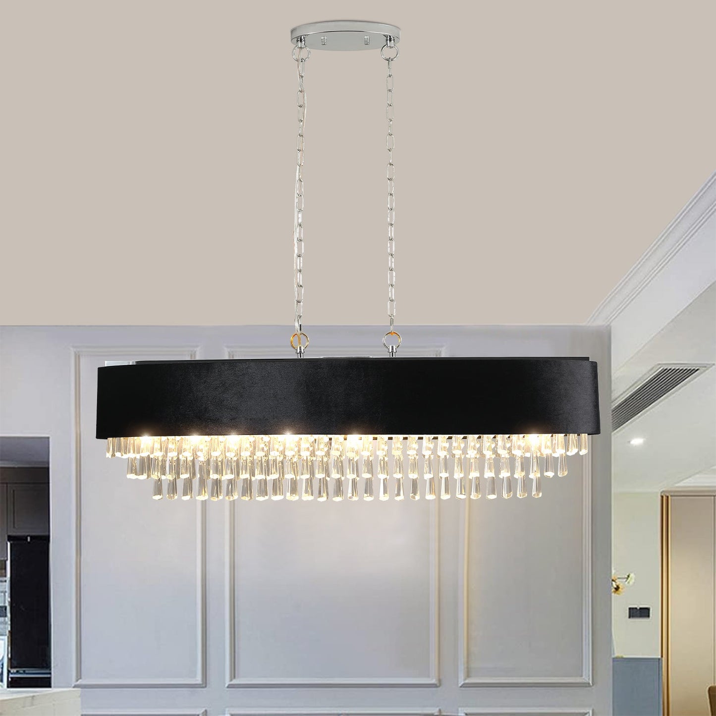 39' Modern Crystal Chandelier with Black Imitation Velvet Anti - Glare Shade, Adjustable Height, 8 - Light G9 Base for Dining Room, Living Room, or Bedroom (Bulb Not Included) - 1st Choice Furniture Direct