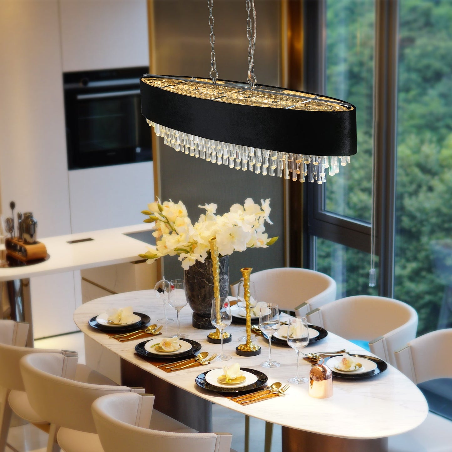 39' Modern Crystal Chandelier with Black Imitation Velvet Anti - Glare Shade, Adjustable Height, 8 - Light G9 Base for Dining Room, Living Room, or Bedroom (Bulb Not Included) - 1st Choice Furniture Direct