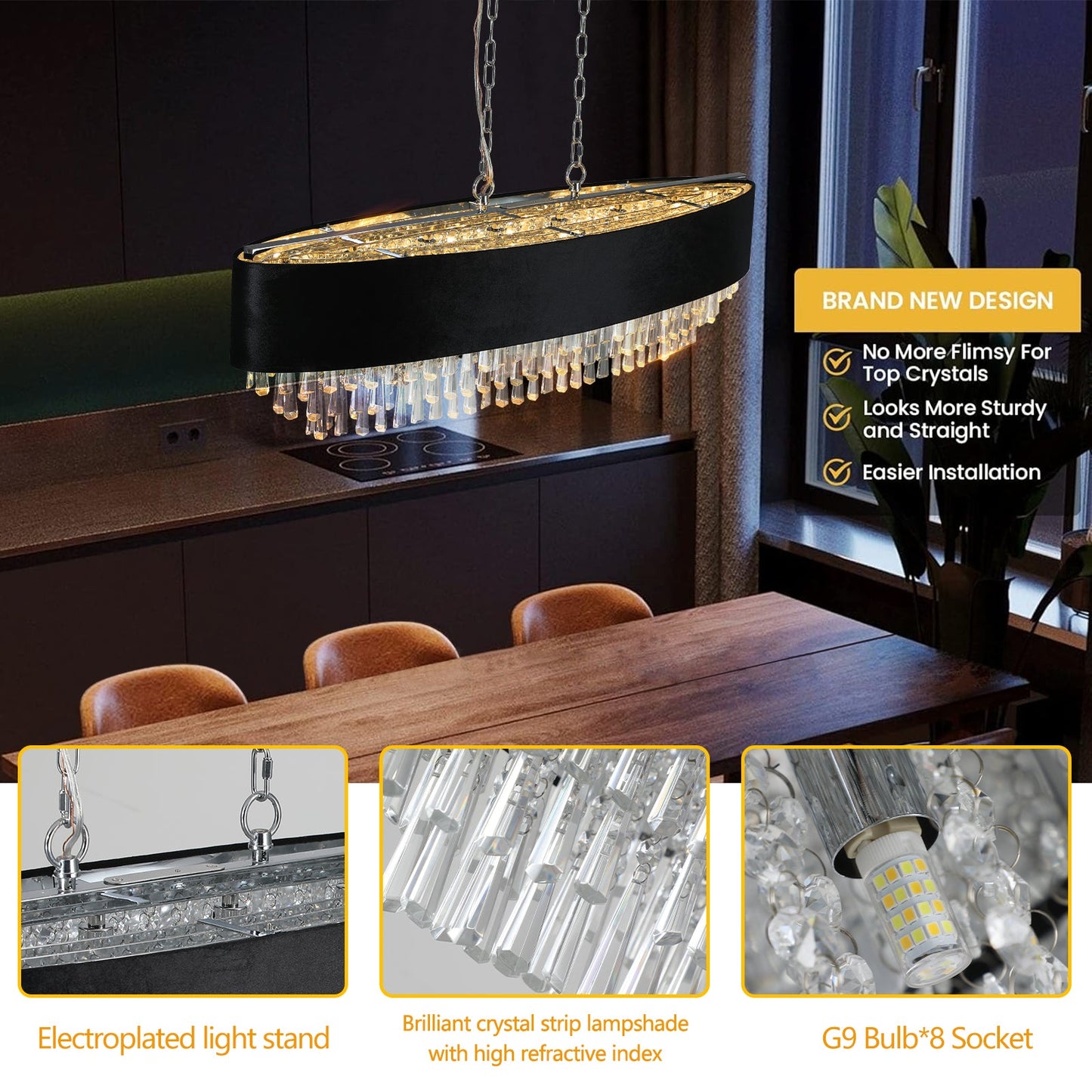39' Modern Crystal Chandelier with Black Imitation Velvet Anti - Glare Shade, Adjustable Height, 8 - Light G9 Base for Dining Room, Living Room, or Bedroom (Bulb Not Included) - 1st Choice Furniture Direct