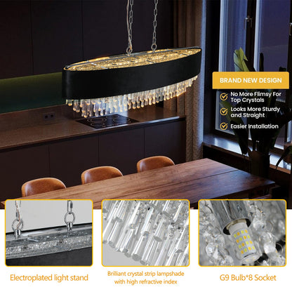 39' Modern Crystal Chandelier with Black Imitation Velvet Anti - Glare Shade, Adjustable Height, 8 - Light G9 Base for Dining Room, Living Room, or Bedroom (Bulb Not Included) - 1st Choice Furniture Direct