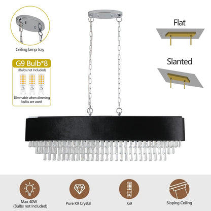 39' Modern Crystal Chandelier with Black Imitation Velvet Anti - Glare Shade, Adjustable Height, 8 - Light G9 Base for Dining Room, Living Room, or Bedroom (Bulb Not Included) - 1st Choice Furniture Direct