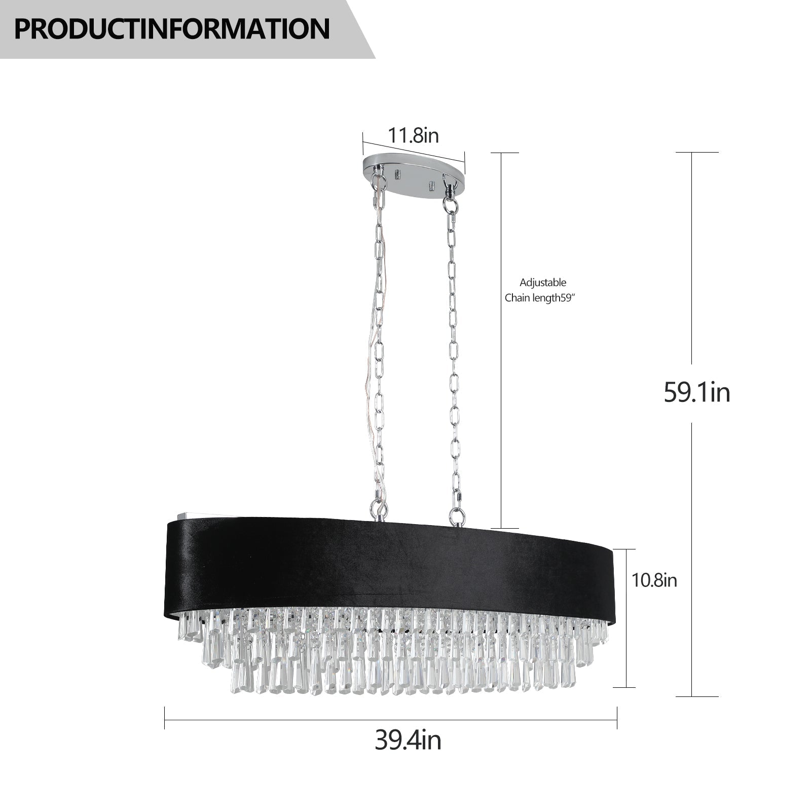 39' Modern Crystal Chandelier with Black Imitation Velvet Anti - Glare Shade, Adjustable Height, 8 - Light G9 Base for Dining Room, Living Room, or Bedroom (Bulb Not Included) - 1st Choice Furniture Direct