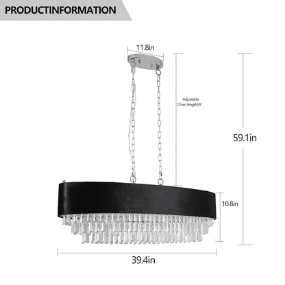 39' Modern Crystal Chandelier with Black Imitation Velvet Anti - Glare Shade, Adjustable Height, 8 - Light G9 Base for Dining Room, Living Room, or Bedroom (Bulb Not Included) - 1st Choice Furniture Direct