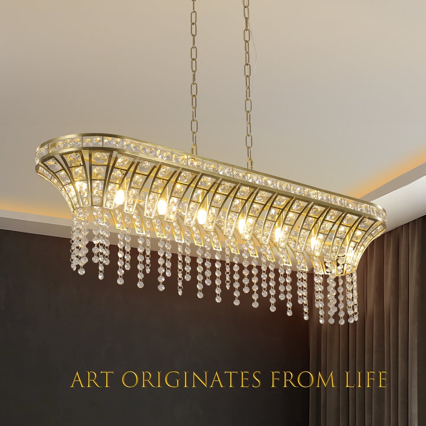 39' Modern Crystal Linear Rectangle Chandelier with Gold Finish, Elegant Pendant Light with Cascading Beads, for Dining Room, Living Room, or Foyer (Bulb Not Included) - 1st Choice Furniture Direct