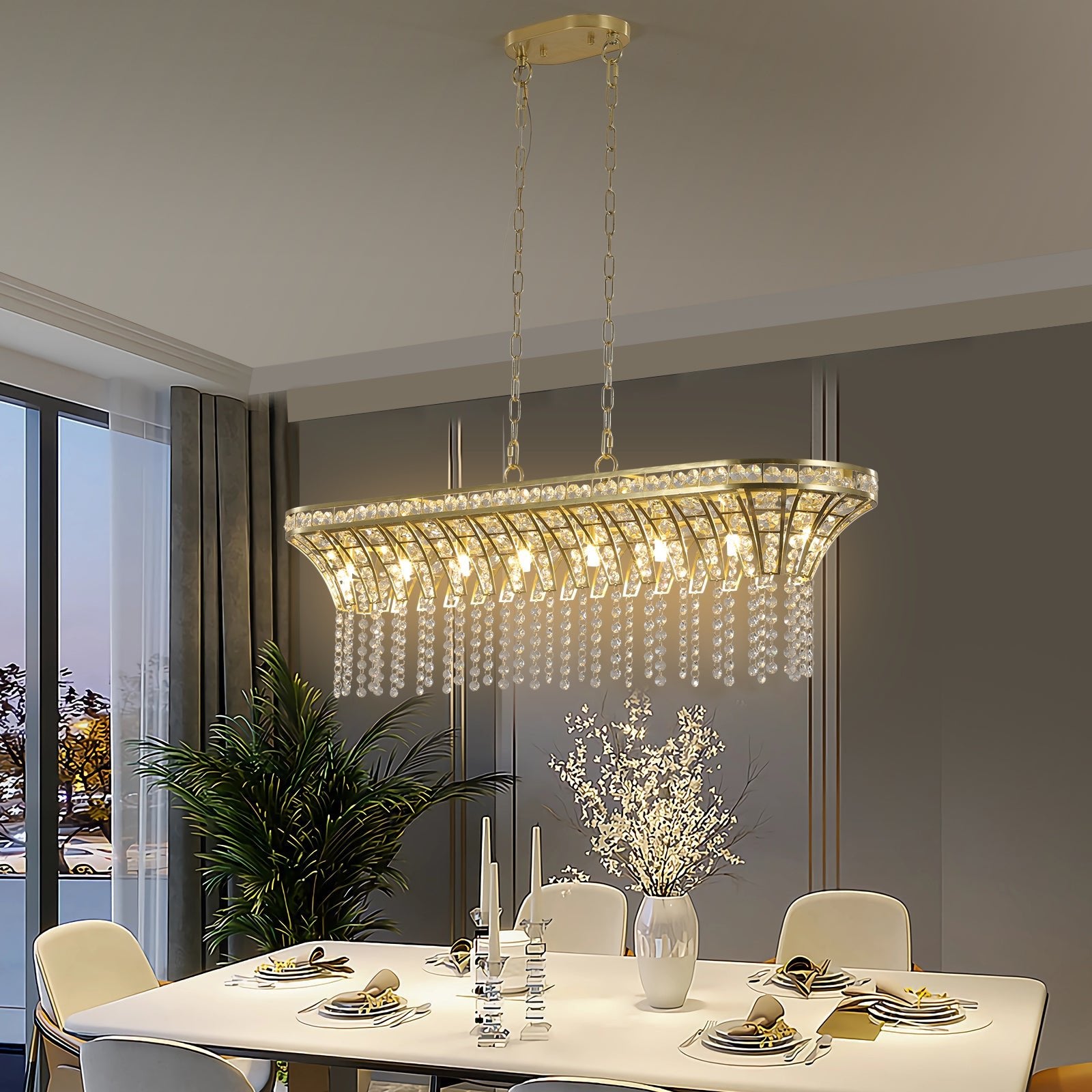 39' Modern Crystal Linear Rectangle Chandelier with Gold Finish, Elegant Pendant Light with Cascading Beads, for Dining Room, Living Room, or Foyer (Bulb Not Included) - 1st Choice Furniture Direct