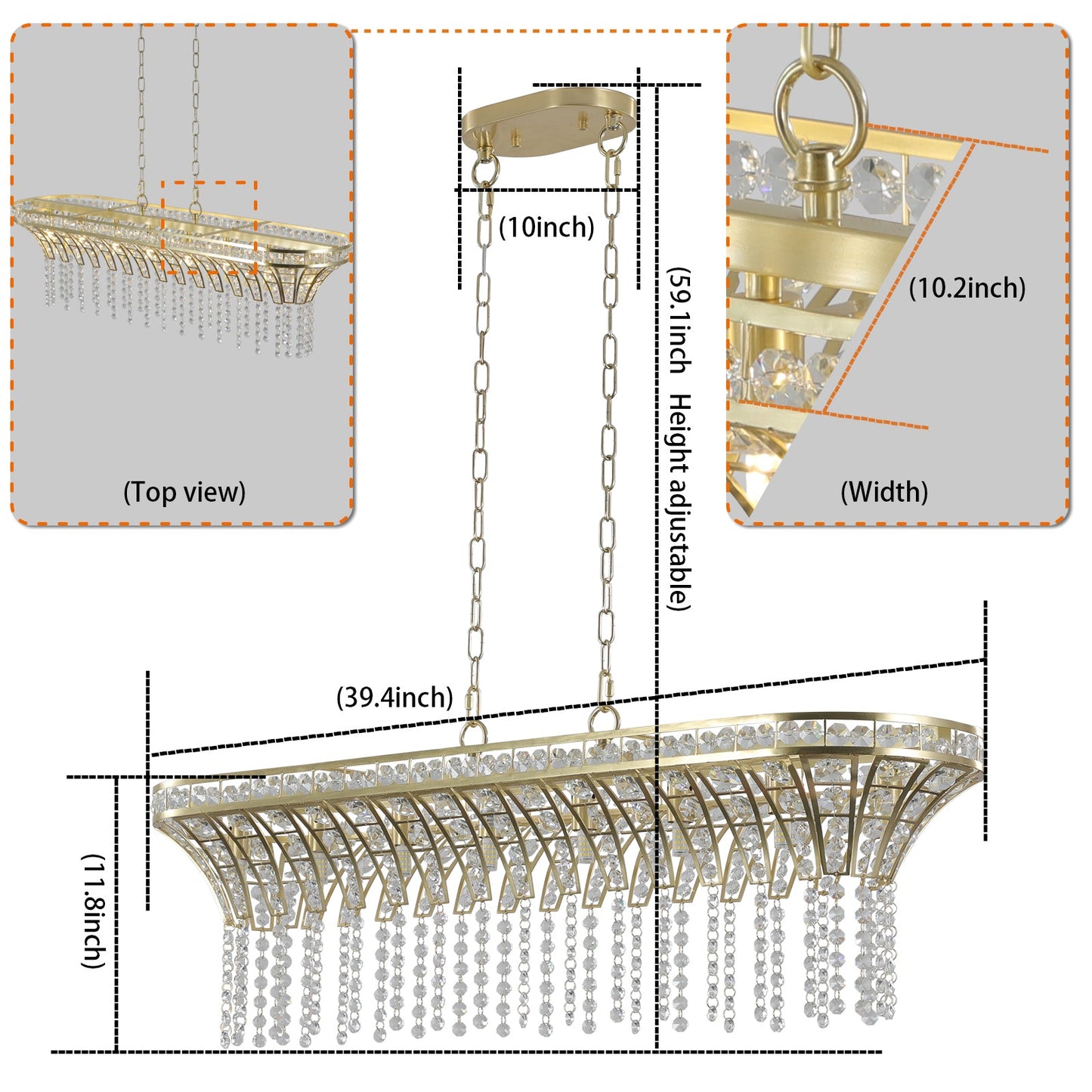 39' Modern Crystal Linear Rectangle Chandelier with Gold Finish, Elegant Pendant Light with Cascading Beads, for Dining Room, Living Room, or Foyer (Bulb Not Included) - 1st Choice Furniture Direct