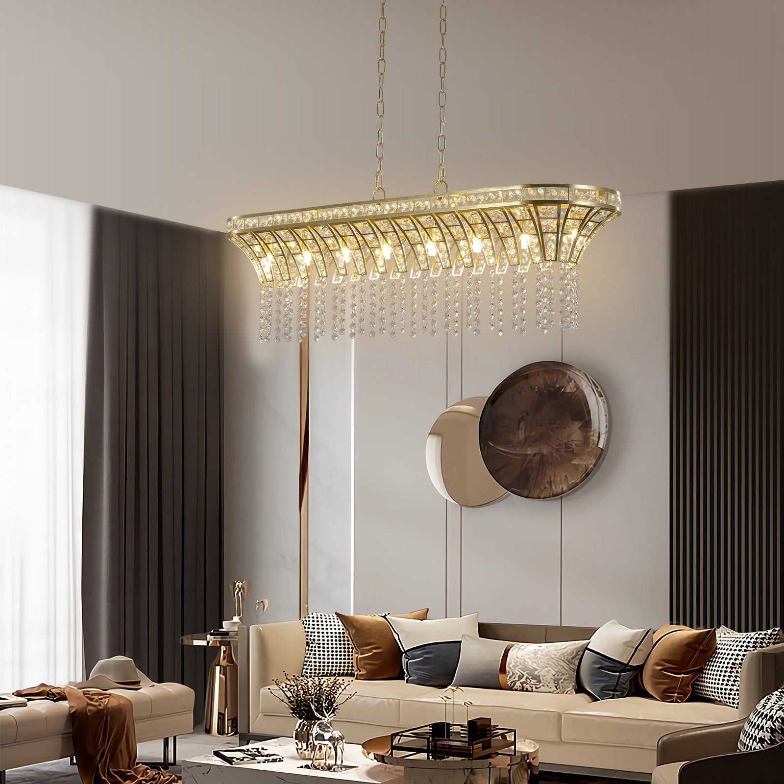 39' Modern Crystal Linear Rectangle Chandelier with Gold Finish, Elegant Pendant Light with Cascading Beads, for Dining Room, Living Room, or Foyer (Bulb Not Included) - 1st Choice Furniture Direct