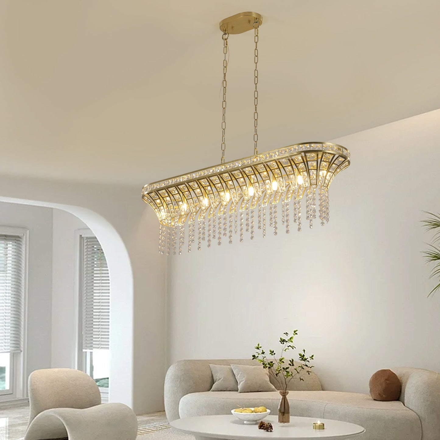 39' Modern Crystal Linear Rectangle Chandelier with Gold Finish, Elegant Pendant Light with Cascading Beads, for Dining Room, Living Room, or Foyer (Bulb Not Included) - 1st Choice Furniture Direct