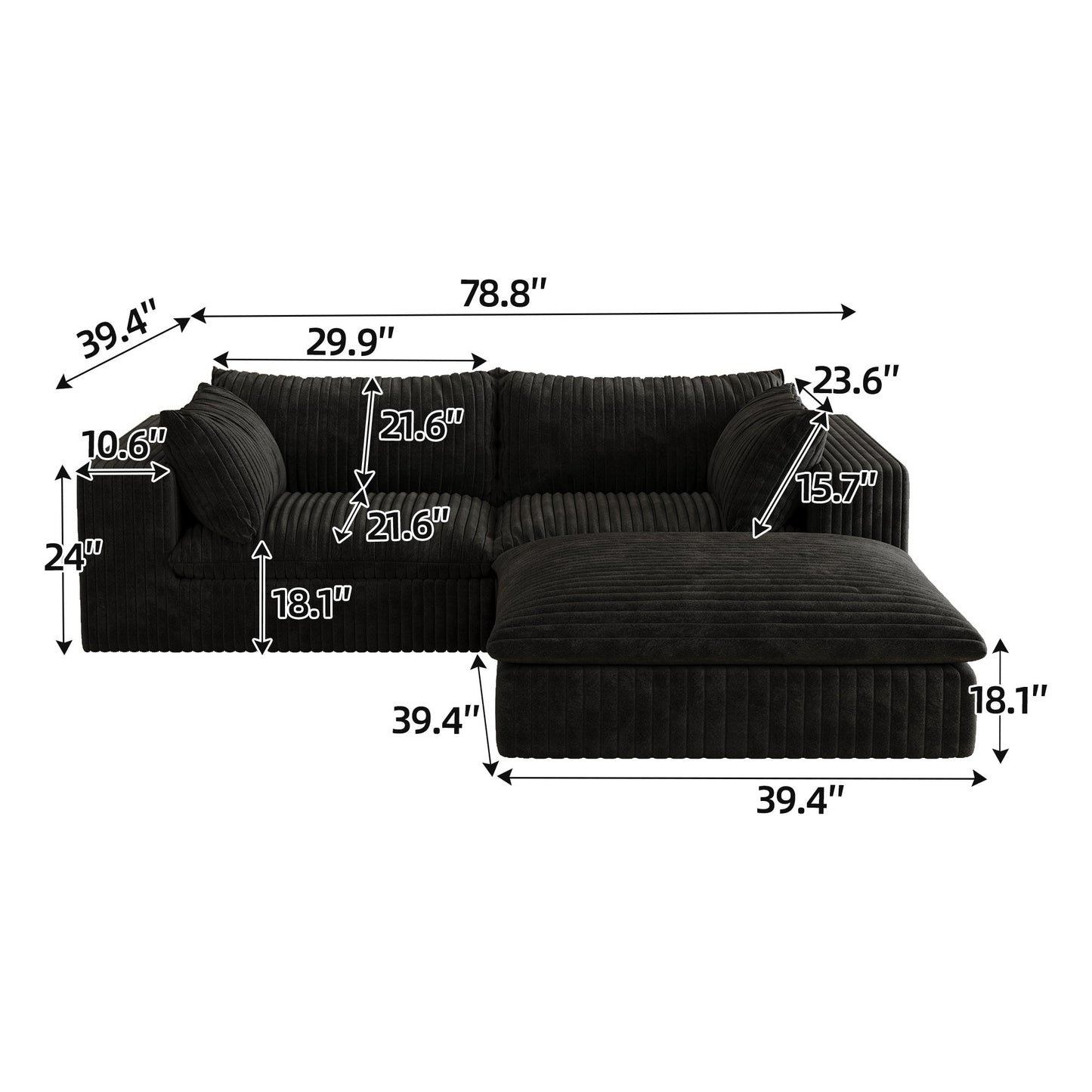 39.8' Cloud Sofa,Corduroy Fabric,Deep Seat Couches,Double - layer design,Removable Cushion,No Assembly, DIY Combination for Living room, Bedroom,Conference room ,Apartment,Black - 1st Choice Furniture Direct